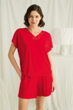 Closet Kısa Kollu Dantelli V Yaka Şort Pijama Takımı