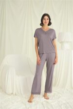 Kısa Kollu V Yakalı Dantelli Pijama Takımı - Görsel 2