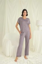 Kısa Kollu V Yakalı Dantelli Pijama Takımı - Görsel 5