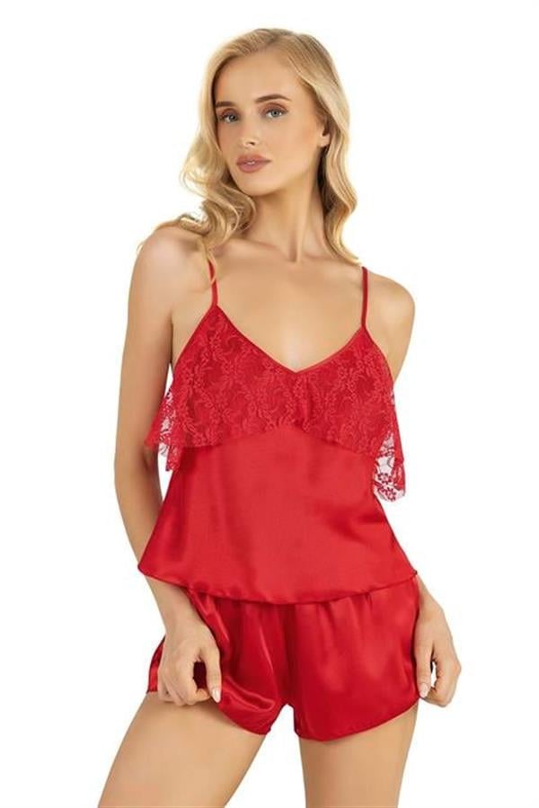 Primoda-Kirmizi-Saten-Sort-Takimi-9214-bd38 Kırmızı Saten Şort Takımı 9214 - Görsel 1