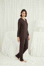 Uzun Kollu Boydan Düğmeli V Yaka Pijama Takımı - Görsel 2