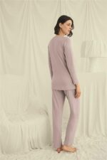Uzun Kollu Boydan Düğmeli V Yaka Pijama Takımı - Görsel 6