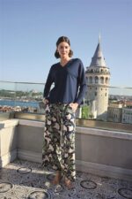 Yaprak Desenli Uzun Kollu V Yaka Pijama Takımı - Görsel 5