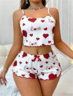 Beyaz Üstüne Kırmızı Kalp Desenli Askılı Şortlu Pijama Takımı - Görsel 2