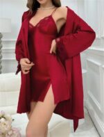 Bordo İnce Askılı Saten 2’li Gecelik Sabahlık Takımı - Görsel 2