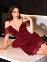 Büyük Beden Bordo Dantel İşlemeli İnce Askılı Gecelik - Görsel 2