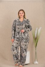 Büyük Beden Çizgili Düğmeli Uzun Kol Viskon Pijama Takımı - Görsel 2