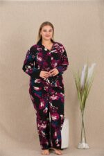 Büyük Beden Renkli Desenli Düğmeli Uzun Kol Viskon Pijama Takımı - Görsel 2