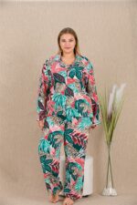 Büyük Beden Renkli Yaprak Desenli Düğmeli Uzun Kol Viskon Pijama Takımı - Görsel 2