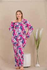 Büyük Beden Renkli Yaprak Desenli Düğmeli Uzun Kol Viskon Pijama Takımı - Görsel 2