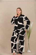 Büyük Beden Siyah Beyaz Desenli Düğmeli Uzun Kol Viskon Pijama Takımı - Görsel 2