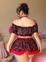 Closet Büyük Beden Siyah Üstüne Gül Desenli  Etekli Büstiyer Takımı - Görsel 2