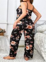 Büyük Beden Siyah Üstüne Çiçek Desenli İnce Askılı 2’li Pijama Takımı - Görsel 3