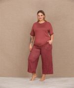 Closet Büyük Beden Viskon Şık Tasarım Kelebek Desenli Bordo Kısa Kol Kapri Takım - Görsel 2