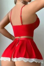 Closet Kırmızı Beyaz Bacak Aksesuarlı Büstiyerli  Hizmetçi Kostümü - Görsel 3