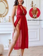 Özel Tasarım Kırmızı Dantel İşlemeli Göğüs Detaylı Yırtmaçlı Gecelik