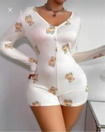Pamuklu Beyaz Ayıcık Desenli Düğmeli Uzun Kol Tulum Pijama - Görsel 4