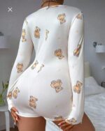 Pamuklu Beyaz Ayıcık Desenli Düğmeli Uzun Kol Tulum Pijama - Görsel 3