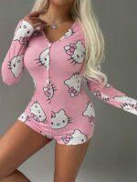 Pamuklu Pembe Hello Kitty Desenli Düğmeli Uzun Kol Tulum Pijama - Görsel 2