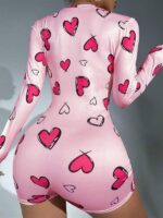 Pamuklu Pembe Kalp Desenli Düğmeli Uzun Kol Tulum Pijama - Görsel 3