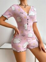 Pamuklu Pembe Kuzu Desenli Düğmeli Uzun Kol Tulum Pijama - Görsel 2