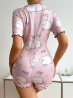 Pamuklu Pembe Kuzu Desenli Düğmeli Uzun Kol Tulum Pijama - Görsel 3