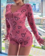 Pamuklu Pembe Siyah Kalp Desenli Düğmeli Uzun Kol Tulum Pijama - Görsel 3