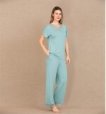 Closet Viskon Şık Tasarım Dantel İşlemeli Mint Yeşil Kısa Kol Pijama Takımı - Görsel 2
