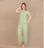 Closet Pamuklu Şık Tasarım Dantel İşlemeli Yeşil Kısa Kol Pijama Takımı - Görsel 2
