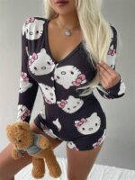 Pamuklu Siyah Hello Kitty Desenli Düğmeli Uzun Kol Tulum Pijama - Görsel 3