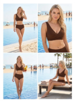 Closet Şık Tasarım Burgulu Hızlı Kuruyan Kahverengi Yüksek Bel Bikini Takımı - Görsel 4