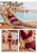 Closet Şık Tasarım Burgulu Hızlı Kuruyan Bordo Yüksek Bel Bikini Takımı - Görsel 3