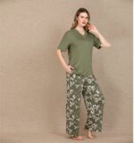 Closet Şık Tasarım Çiçek Desenli Yeşil Kısa Kol Viskon Pijama Takımı - Görsel 2