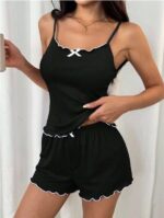 Siyah Beyaz Kurdelalı Askılı Şortlu Pijama Takımı - Görsel 2
