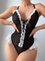Siyah Dantel İşlemeli Sırt Dekolteli Body