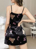 Closet Siyah İnce Askılı Ayıcık Desenli Saten Mini Gecelik - Görsel 2