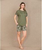 Closet Şık Tasarım Çiçek Desenli Yeşil Şortlu Kısa Kol Viskon Pijama Takımı - Görsel 2
