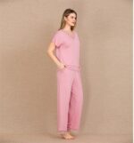 Closet Viskon Şık Tasarım Dantel İşlemeli Pembe Kısa Kol Pijama Takımı - Görsel 2