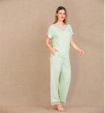 Closet Viskon Şık Tasarım Dantel İşlemeli Açık Yeşil Kısa Kol Pijama Takımı - Görsel 2