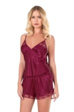 Bordo Saten Babydoll Şort Takımı - Görsel 2