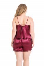 Büyük Beden Bordo Saten Babydoll Şort Takımı - Görsel 2