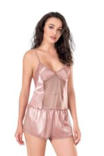 Koyu Pudra Saten Babydoll Şort Takımı - Görsel 2