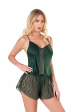 Koyu Yeşil Saten Babydoll Şort Takımı - Görsel 2