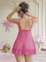 Closet Fuşya Dantel İşlemeli Göğüs Dekolteli Fiyonklu  String Tül Gecelik Takımı - Görsel 2