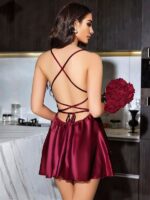 Closet Özel Tasarım Sırt Dekolteli Sabahlıklı Saten Bordo 2'li Gecelik Takımı - Görsel 3