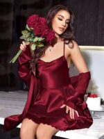Closet Özel Tasarım Sırt Dekolteli Sabahlıklı Saten Bordo 2'li Gecelik Takımı